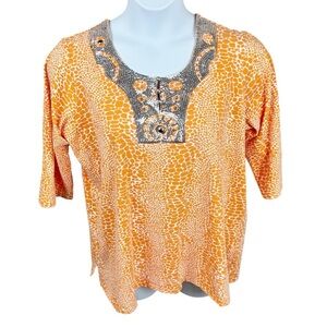 Quacker Factory Orange and Silver Sequin Embellished Plus Size 1X Print Blouse